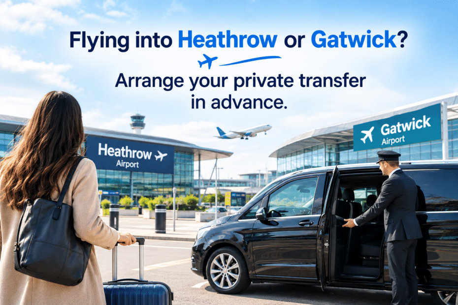 Flying into Heathrow or Gatwick Arrange your private transfer in advance.